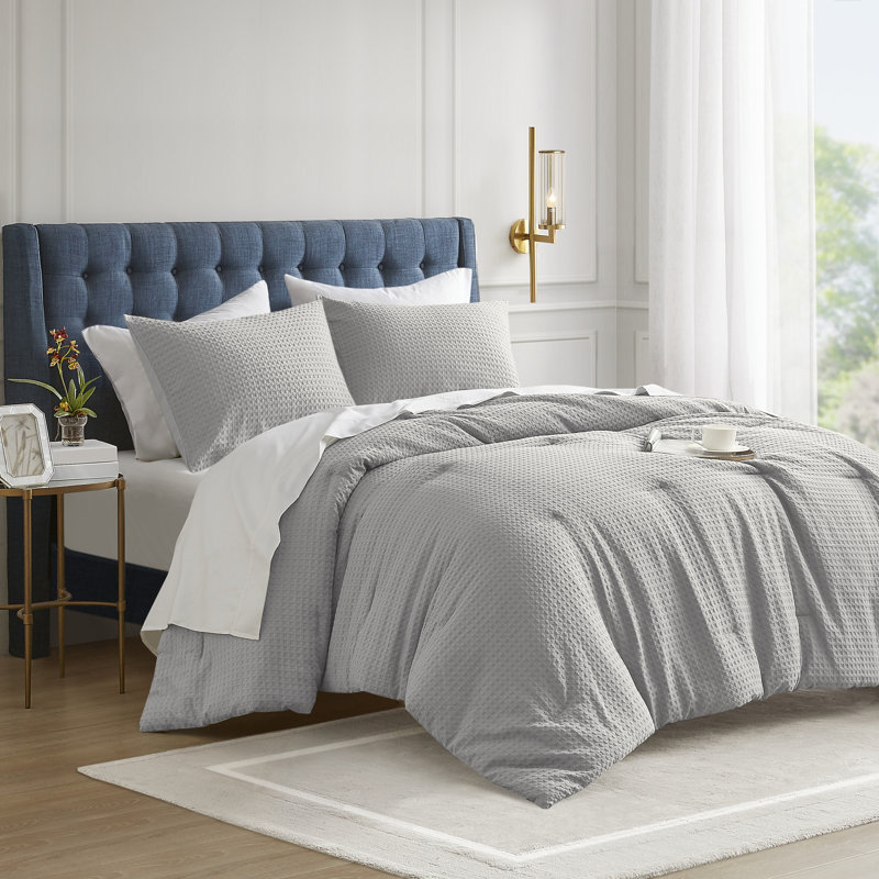 Ensemble d'édredon douillet texturé Mina Waffle Weave, Édredon simple / simple TG + 1 taie décorative s, Gris clair