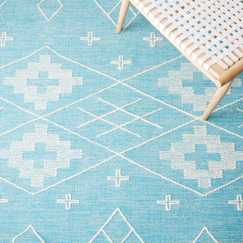 Tapis bleu sarcelle / ivoire tissé à plat à la main Holtby Southwestern, Rectangle 3 pi x 5 pi