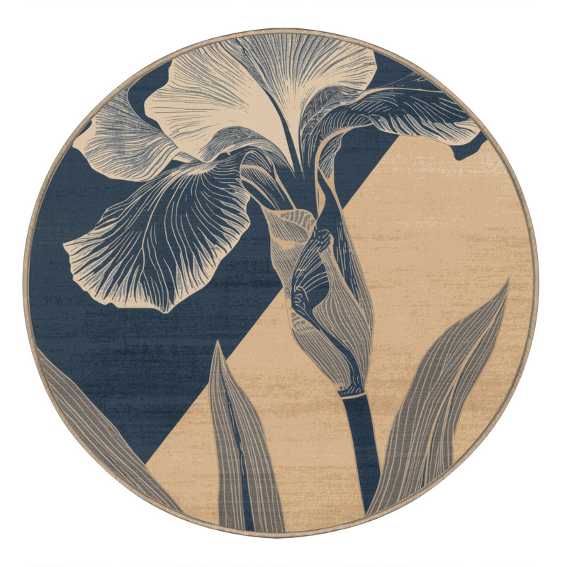 Machine Washable Ortmund Iris Classic Floral Rug in Brown – Beige Binding, 5' Round