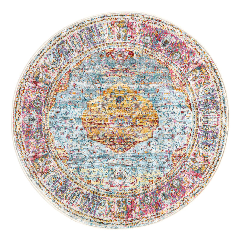Folmar Abstract Indoor Rug, Round 8', Pink/Orange/Blue