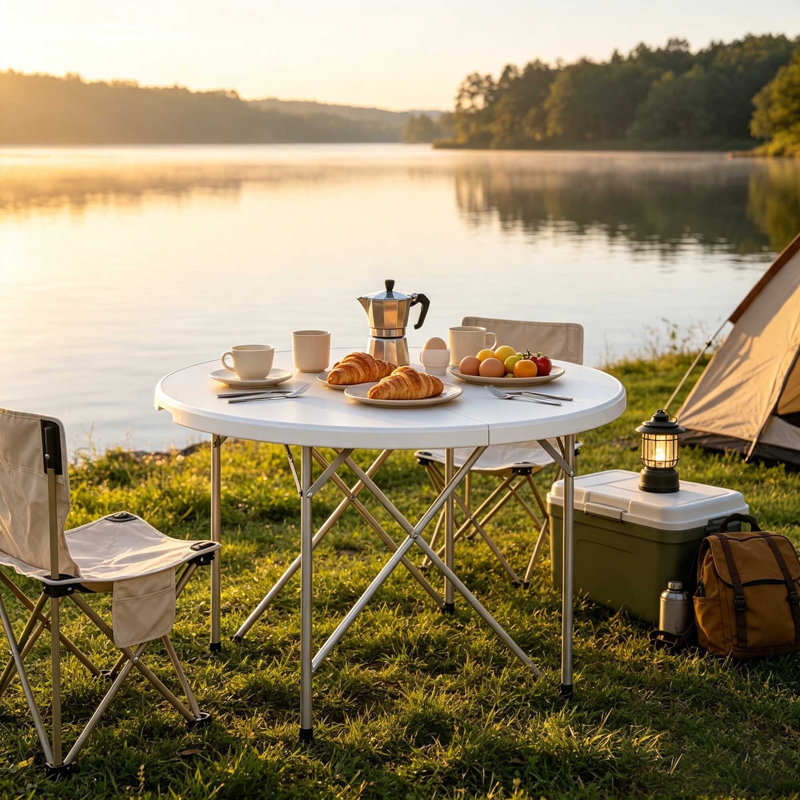 White Folding Camping Table, Round Outdoor Picnic Table with Powder-Coated Metal Frame, 120cm