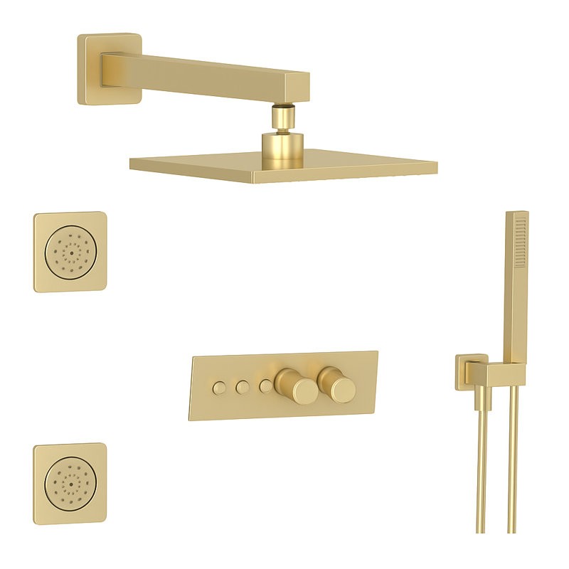 LineaBox Horizontal Square 3-Way Diverter Shower System with 8-Inch Rain Shower Head, Two Body Sprays and Wall Mounted Hand Shower, Valve Included
