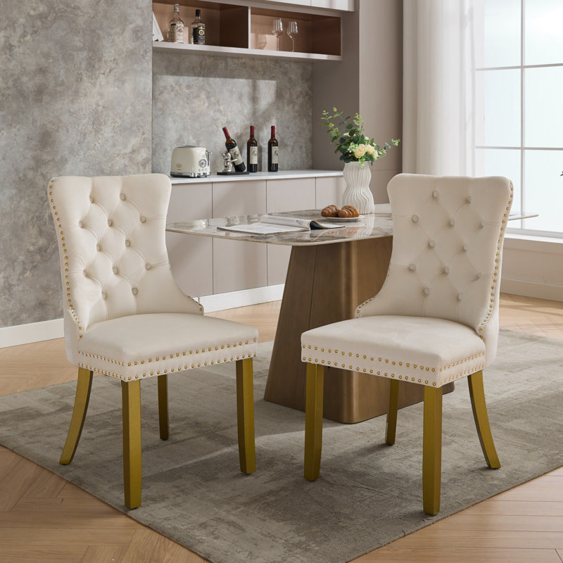 Allena Tufted Chairs Upholstered Chairs with Solid Wood Frame Nailhead Back and Ring Pull Trim , Gold, Velvet Beige