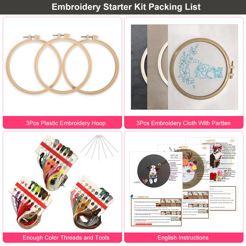 Cross Stitch Kits, 3 Pieces Cotton Linen Cat Dog Embroidery Fabric Kit With Diy Material Package