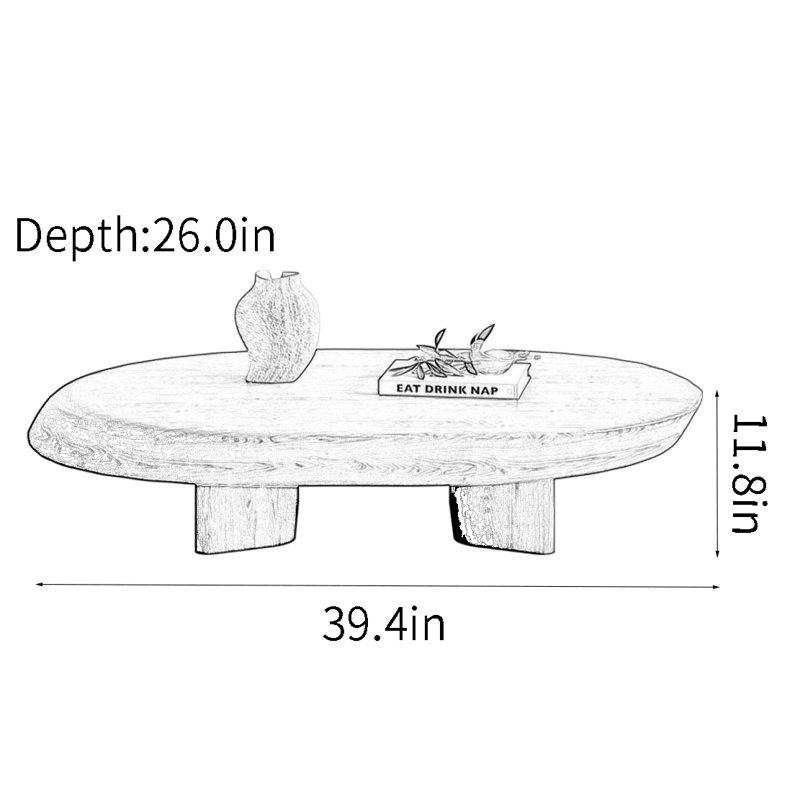 Wabi-sabi vintage solid wood oval coffee table, 11.8" H x 39.4" L x 26" W, Black