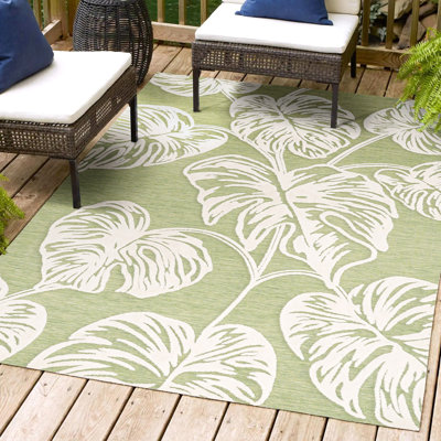 Craigwood High-Low Two-Tone Monstera Leaf Light Green/Ivory Indoor/Outdoor Rug