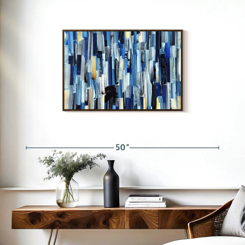 Rayé bleu abstrait, Cadre flottant en noyer, 31 po x 21 po