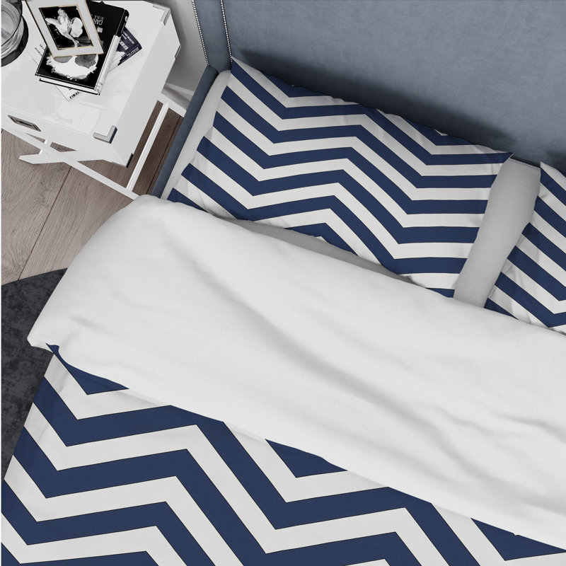 Ensemble de housse de couette à chevrons bleu et blanc, Housse de couette simple + 2 taies décoratives st