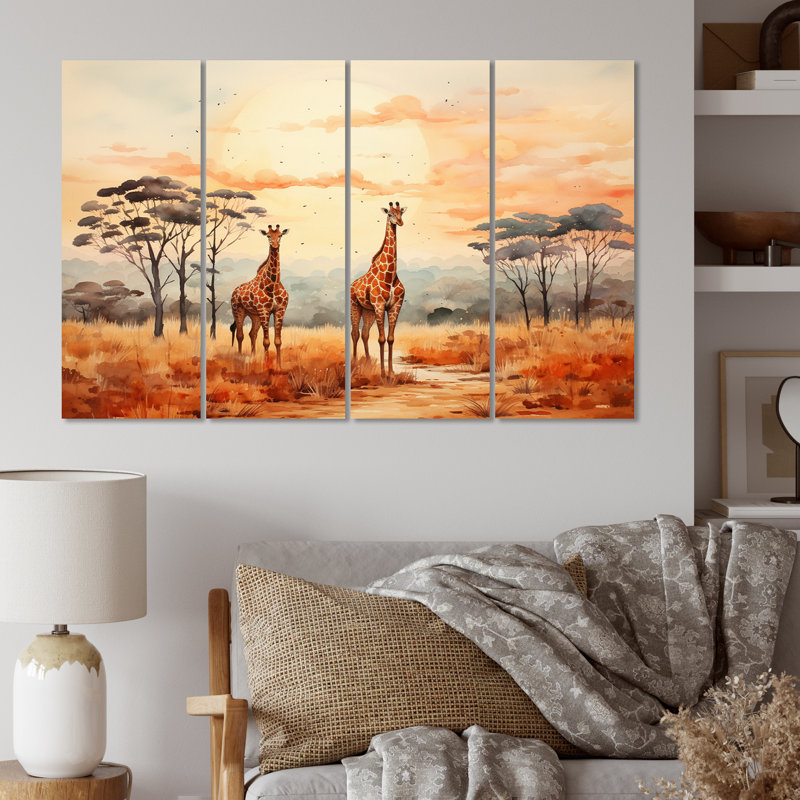 Orange Grey Girrafes Walk In African Landscape Landscape & Nature Wall Decor on Metal