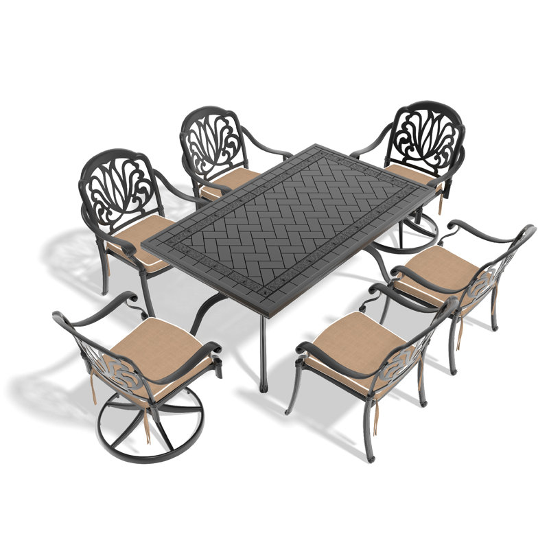 Ensemble de salle à manger 7 pièces en fonte d'aluminium toutes saisons comprenant 2 chaises pivotantes, 4 chaises et une table rectangulaire avec cadre noir