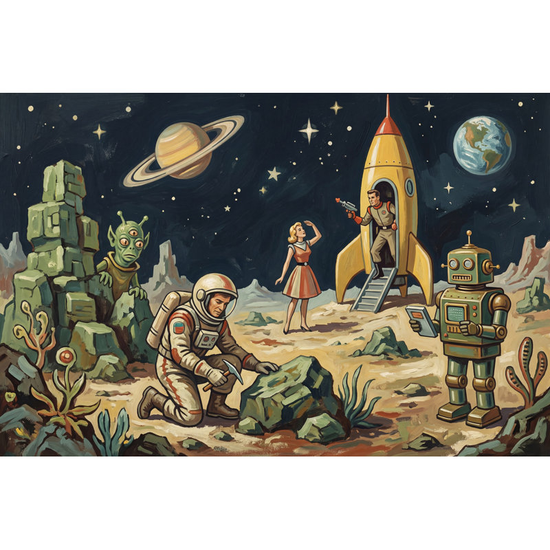 Décoration murale amovible rétro Space Sci Fi Space Landscape Rocket Ship, 140 po x 108 po, Peler et coller