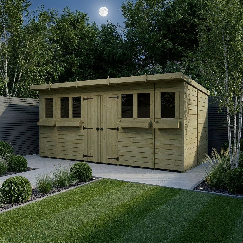 Total Sheds 18ft x 7ft Pent Summer Shed - Toughened Glass External Planters - Pressure Treated Timber - UK Manufactured