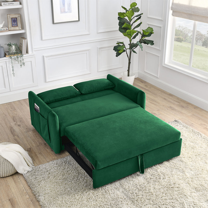 Velvet Sofa Bed with Two Pillows and Adjustable Backrest, Green Velvet