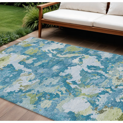 10' X 14' Denim Blue And Olive Green Abstract Washable Indoor Outdoor Area Rug