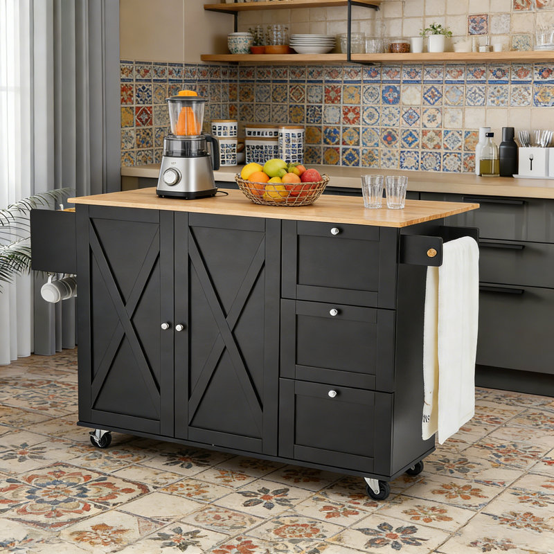 Chariot pour îlot de cuisine roulant avec tablettes et crochets pour un rangement et une mobilité flexibles