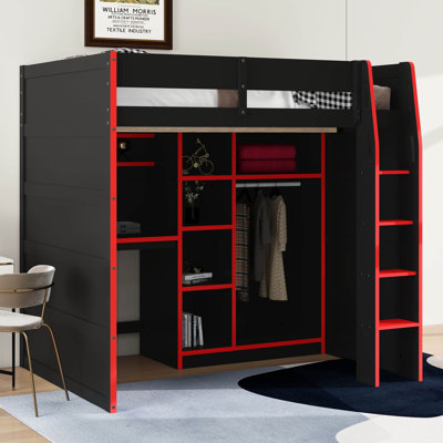 Lit mezzanine double avec bureau, tablettes de rangement et lumières DEL RVB, lit mezzanine en bois avec garde-robe et échelle