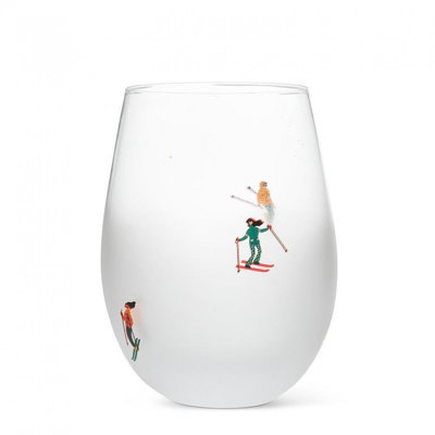 Frosted Stemless Wine Glass With Skiers