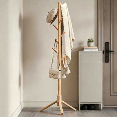 Portemanteau vertical en bois massif et porte-chapeaux, réglable sur trois niveaux avec huit crochets, facile à installer, polyvalent et polyvalent pour ranger des vêtements et des accessoires dans de multiples cas.