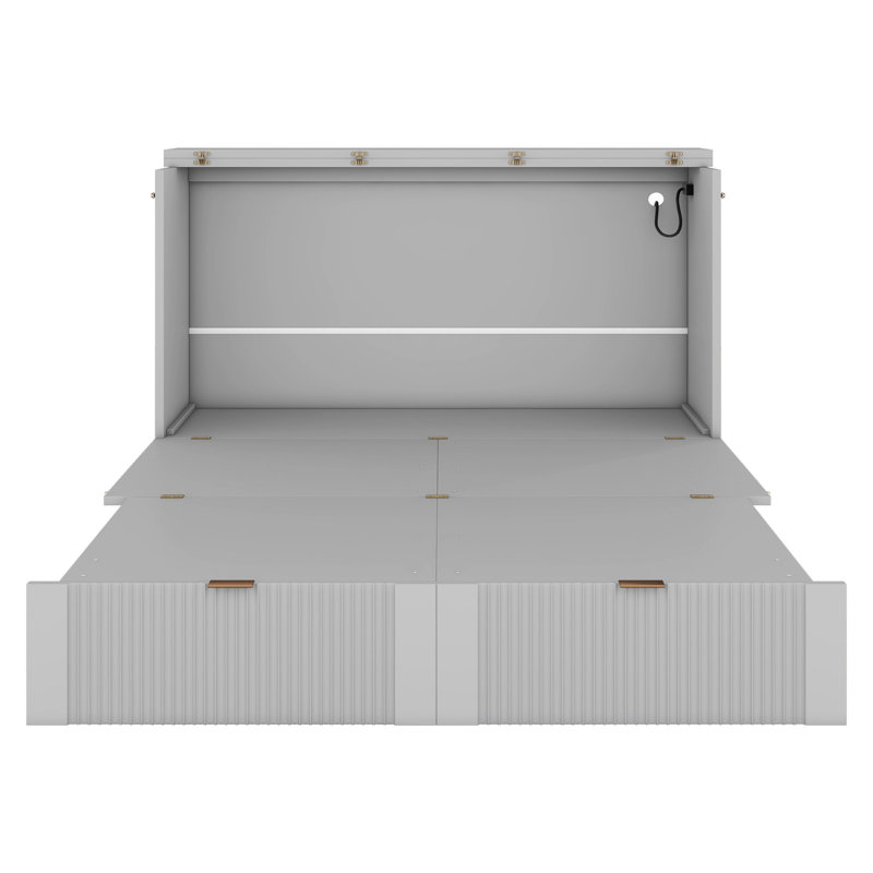 Lit double gris avec douilles - système de poulie avec tiroirs et ports pour un usage domestique, bureau idéal pour économiser de l'espace