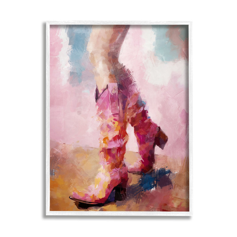 Bottes de cow-boy abstraites roses par Ziwei Li, Giclée encadrée blanc bord de mer, H 20 po x l 16 po x P 1,5 po