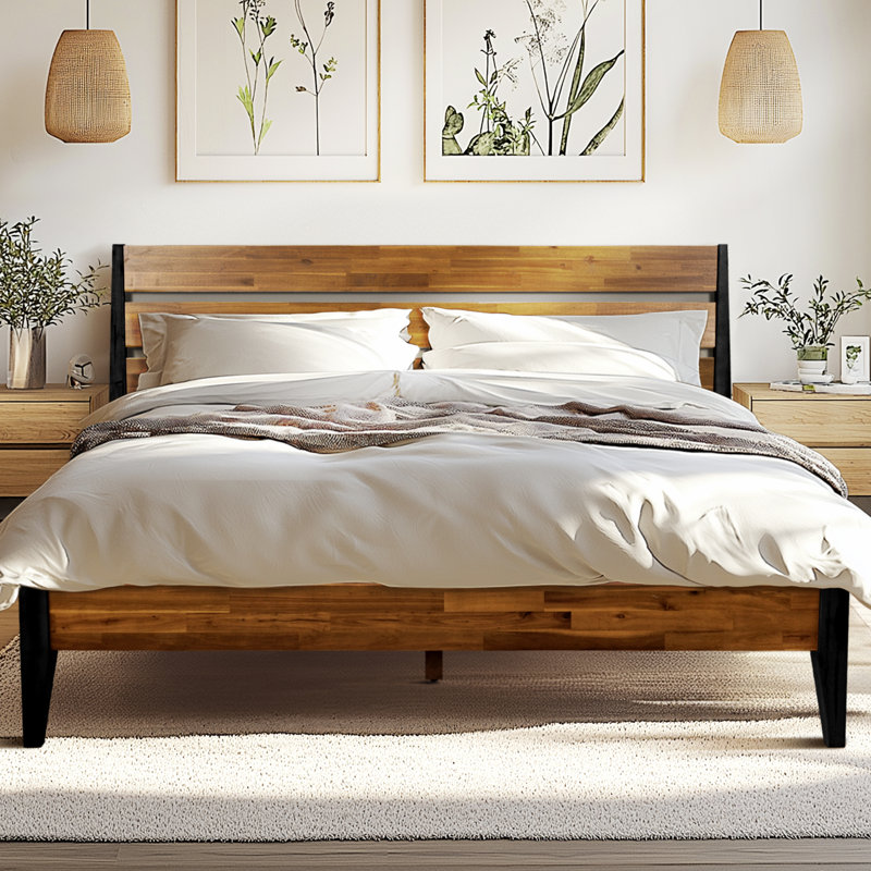 Base de lit plateforme en bois massif Acacia Premium Emery avec tête de lit incluse, aucun sommier requis, capacité de poids de 800 lb.