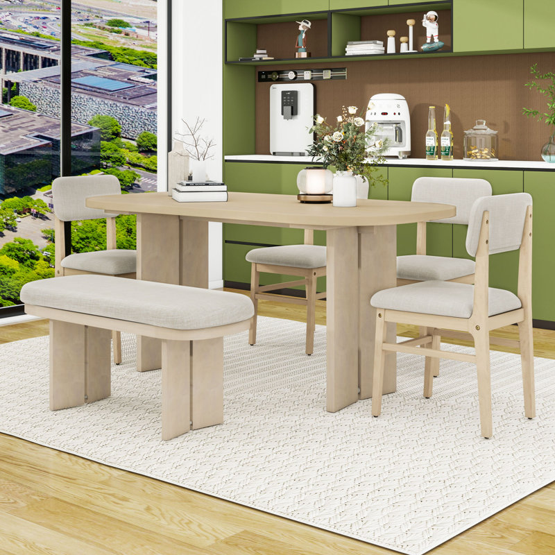 Ensemble de table de salle à manger 6 pièces en bois avec table, banc et 4 chaises rembourrées, Naturel, Naturel / Beige