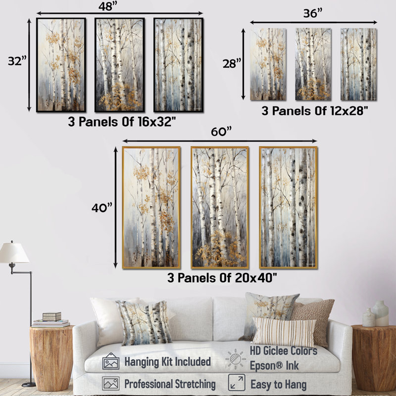 Silver Tree Birchs Breath - ensemble de salon art mural 3 bouleaux, H 40 po x l 60 po, Cadre flottant noir