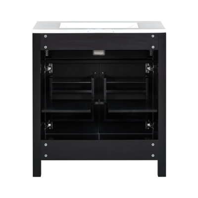 Meuble-lavabo noir de 60 po avec lavabos doubles en céramique, tablette réglable, portes à fermeture silencieuse, tiroir rabattable - meubles paisibles, coin tranquille