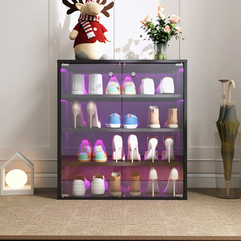 Boîte à chaussures avec lumière DEL RVB, boîte de rangement de chaussures empilable en bois avec porte en verre, boîte de rangement pour chaussures pour chaussures de sport (4 étages-1)