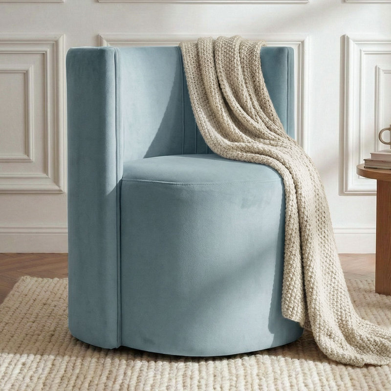 Fauteuil d'appoint demi-tonneau en velours avec roulettes, Bleu pâle