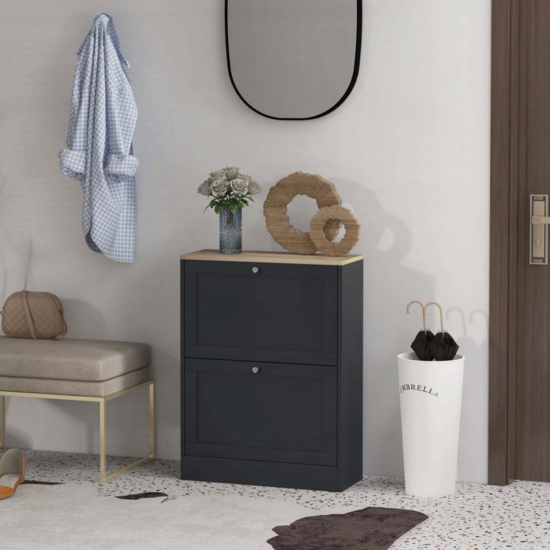 Armoire à chaussures mince pour le vestibule - 2 tiroirs rabattables avec tablettes réglables, peut contenir 12 paires, noir