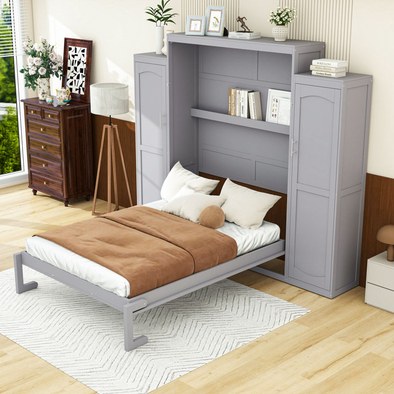 Lit escamotable en bois avec tablettes et armoires, gris, Grand