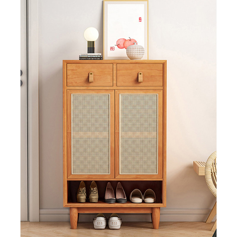 Japanese-style wicker and solid wood shoe cabinet, 47.3" H x 23.7" W x 13" D