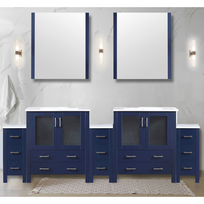 Meuble-lavabo double bleu marine, 96 po En largeur, profondeur 18,25 po, plateau en céramique blanche, structure en bois massif, conception de tiroir à fermeture en douceur, armoires intérieures, gestion du rangement, comptoir de meuble-lavabo en teinture,