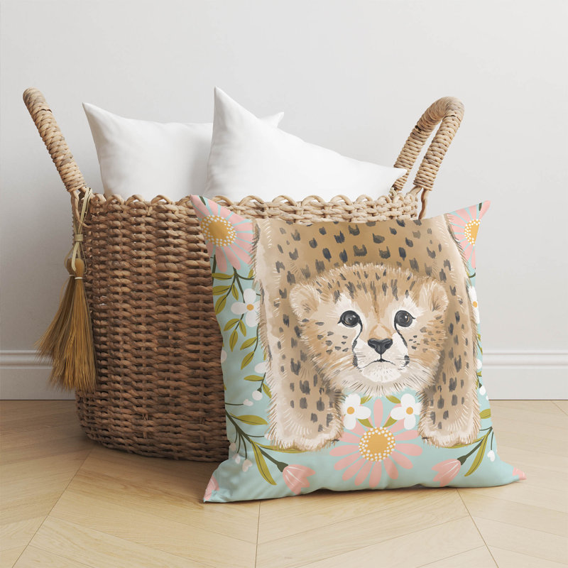 Lil Lying Leopard Flowers Blue Pillow, 16" H x 16" W