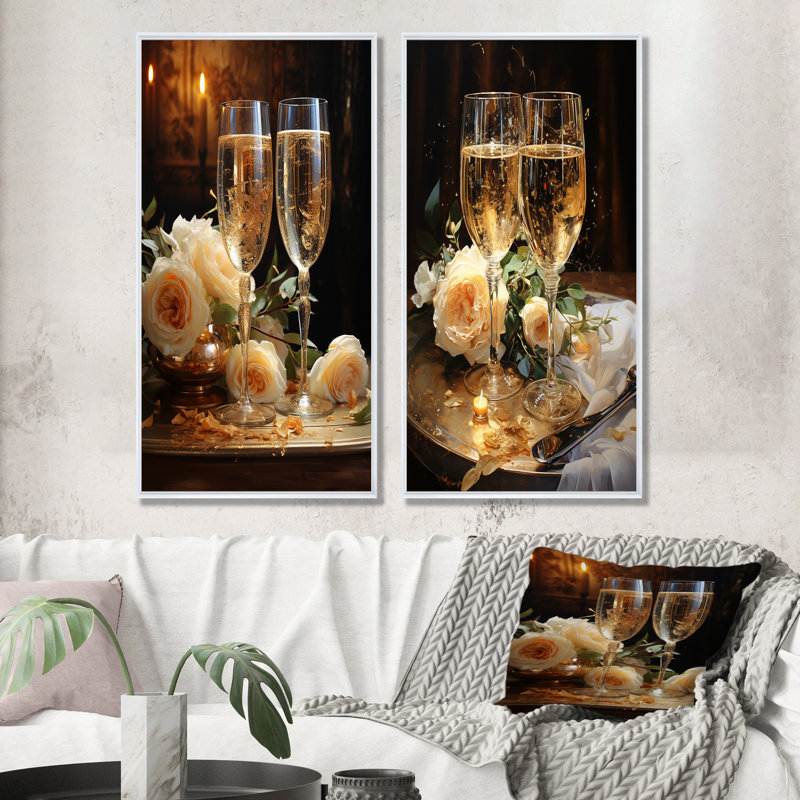 Sparkling Celebration - Ensemble d'art mural sur toile vin et champagne, Cadre blanc, H 32 po x l 33 po