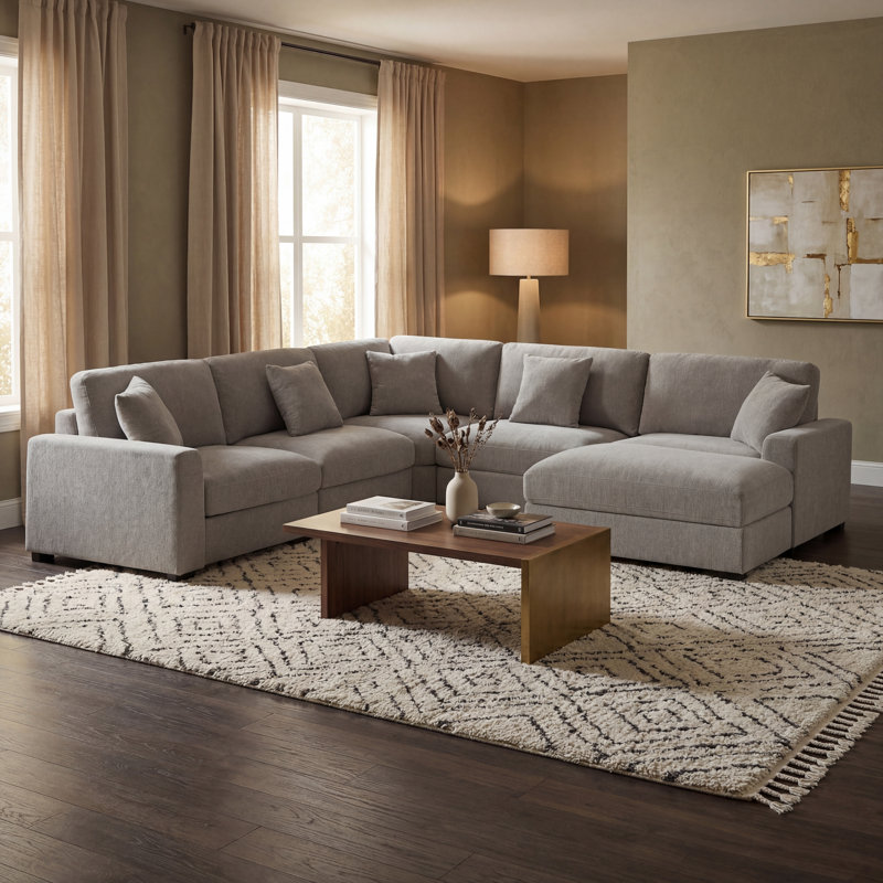 Angeliah 6 Seater Reversible Upholstered Corner Sectional, Light Gray Polyester Blend