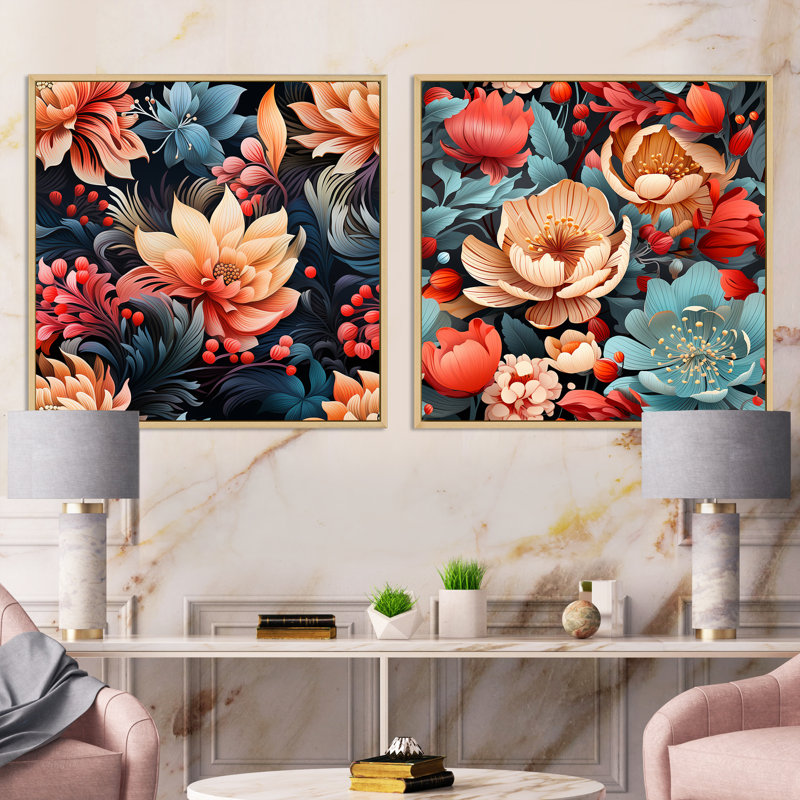 Janda - Ensemble de 2 collages floraux carrés, Cadre flottant brun, H 36 po x l 73 po