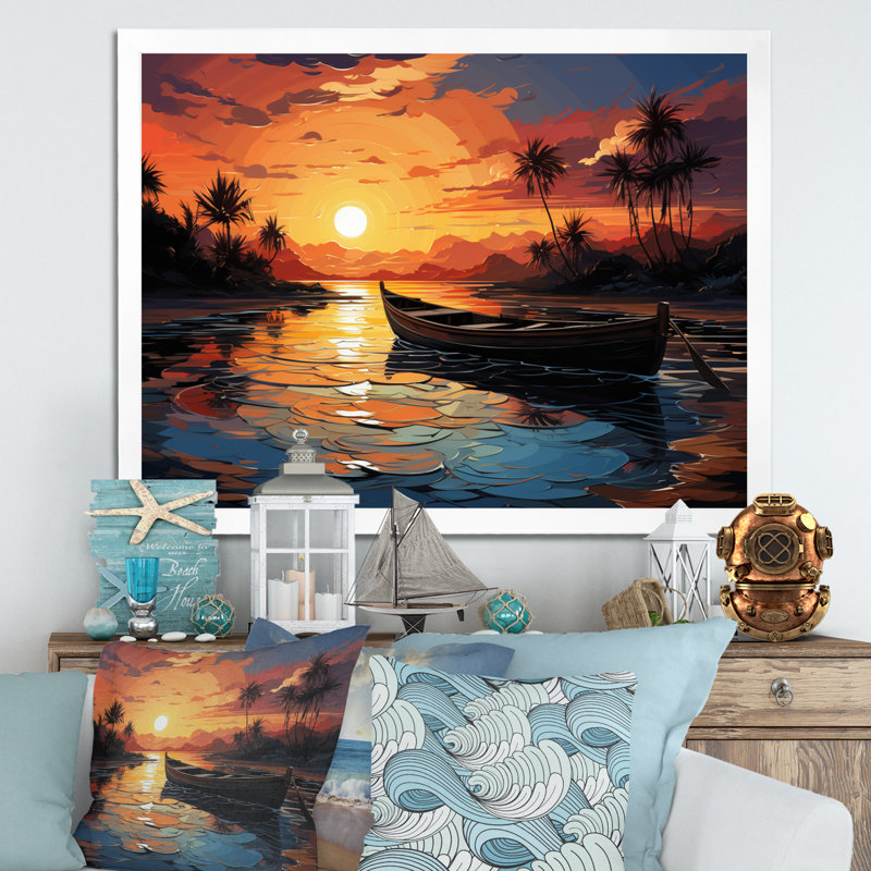 «Coastaltropical Boat At Dusk II», reproduction d'art sur toile encadrée, H 30 po x l 40 po x P 1,5 po, Encadrement doré