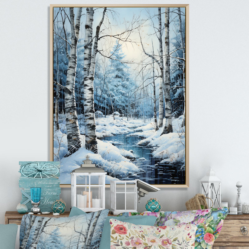 Birch Woods Winter Moonrise V, H 44 po x l 34 po, Cadre naturel flottant