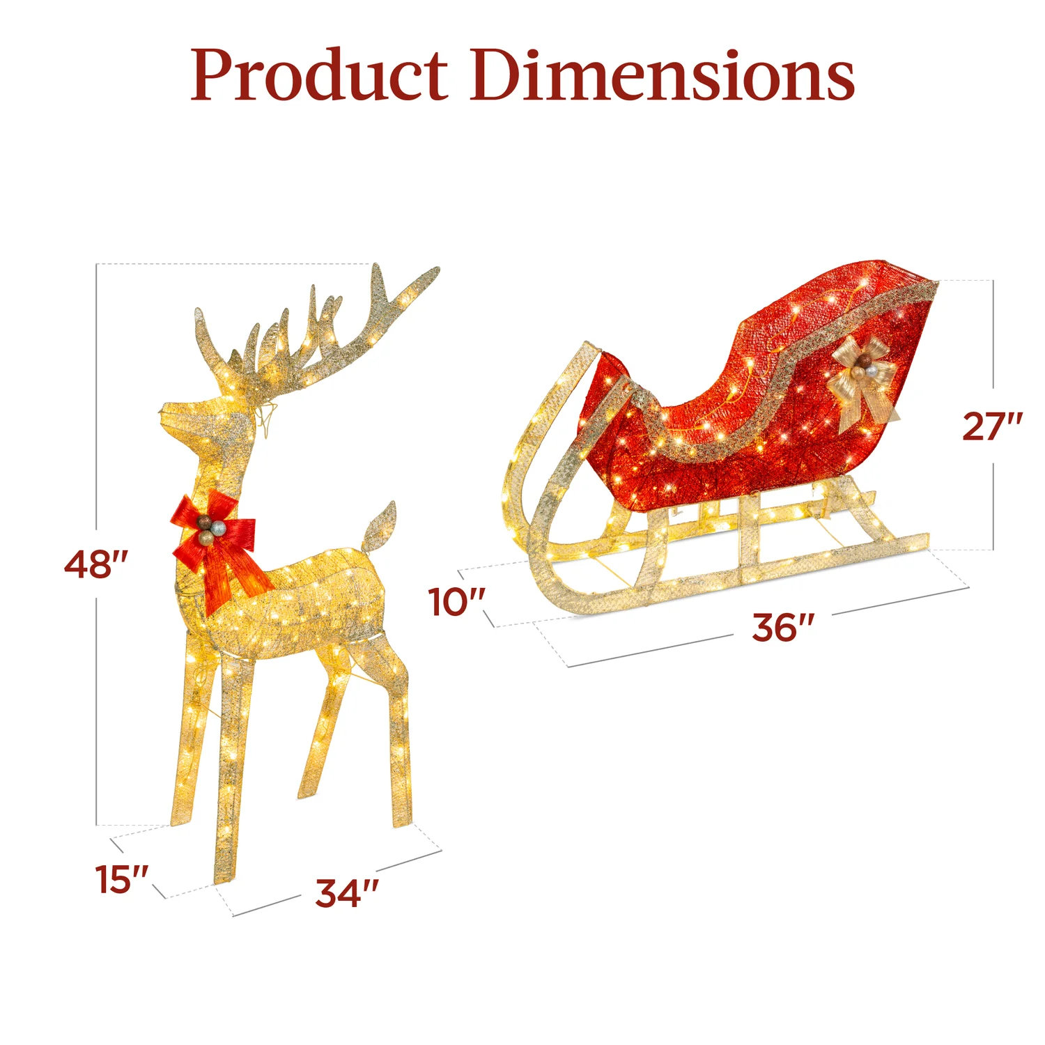 Lighted Reindeer Sleigh Yard Display, Gold, 48"H x 70"W x 15"D