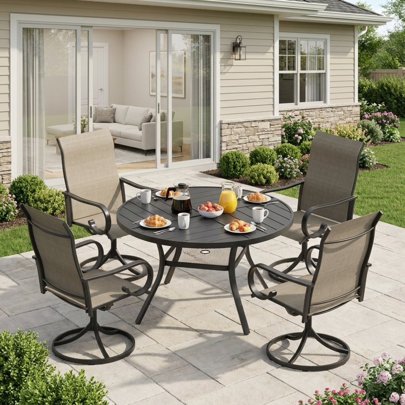 Ensemble repas pour 4 personnes avec table ronde et 4 chaises pivotantes en textilène, Noir / brun