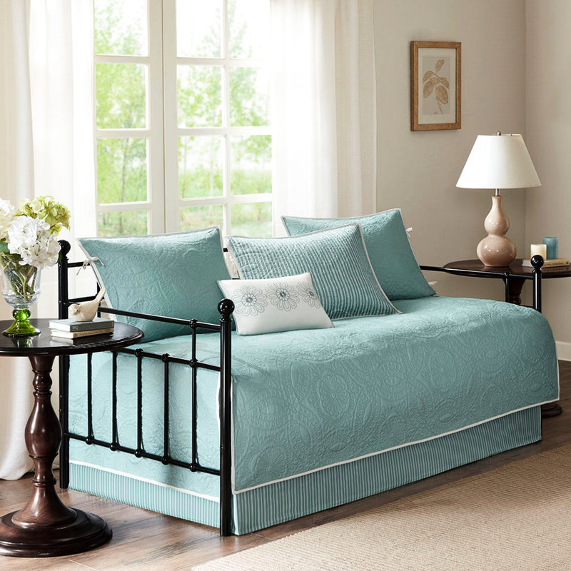 Housse de lit de jour réversible bleue, 6 pièces, taille simple, motif médaillon, avec housse, 3 taies décoratives et coussin décoratif, médaillon réversible, 12 x 18