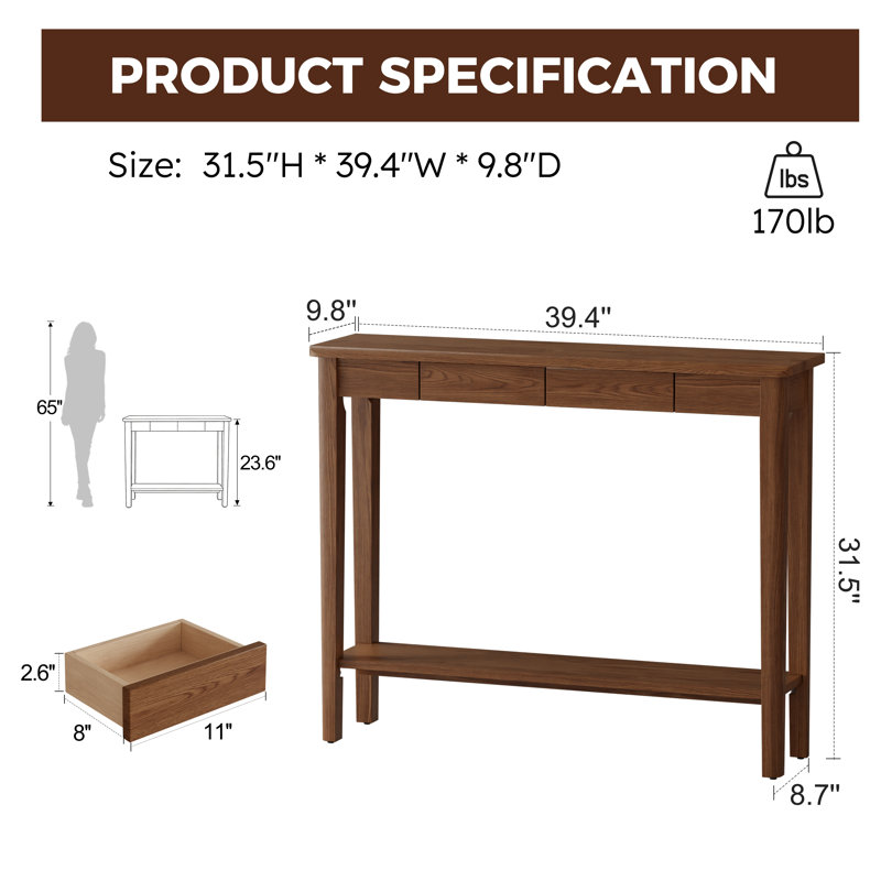 Solid Wood Console Table with Drawers, Mid Century Modern Entryway Table for Living Room and Hallway, Brown