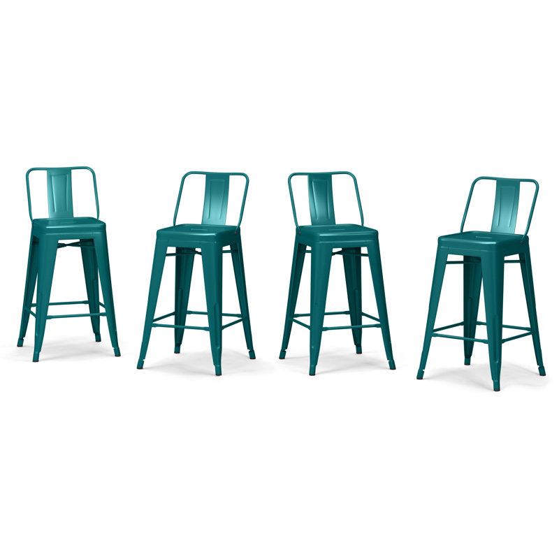 Rayne Metal Industrial Stool with Curved Back, Cross-Brace, and Footrest, Counter Stool (24" Seat Height), Teal Blue, 4
