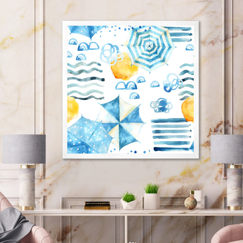 «Holiday Sun with Water Waves Sun And Umbrella II», reproduction d'art sur toile, Cadre photo blanc