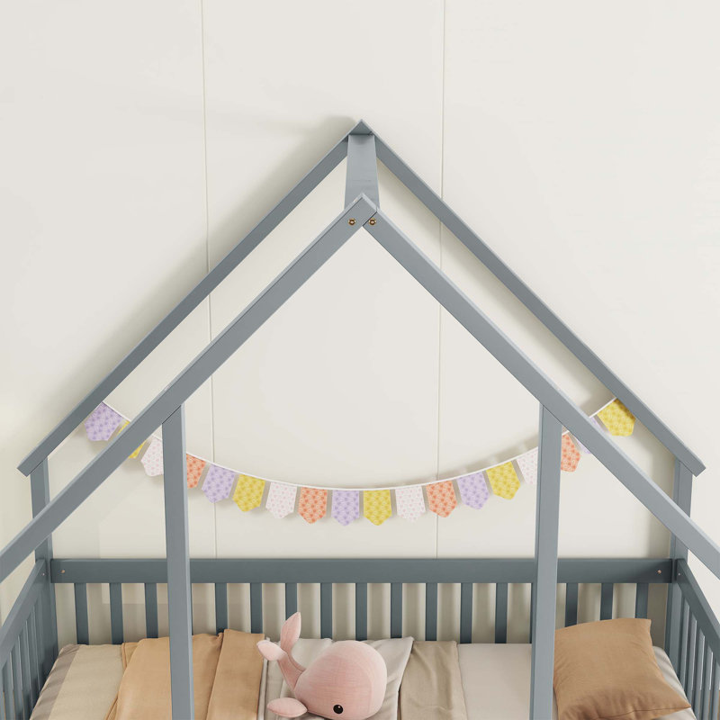 House-Shaped Floor Bed with Fence, Guardrails, Gray, Full