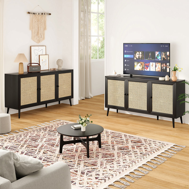 Buffet avec 3 portes en rotin et console de rangement pour la cuisine, Noir