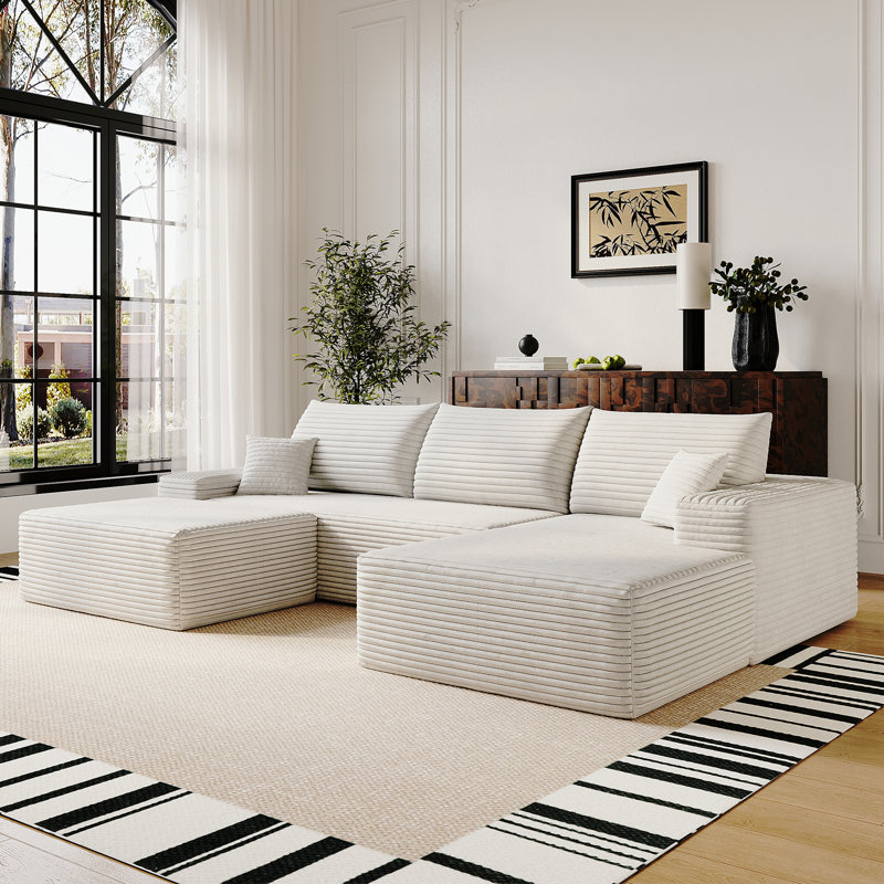 Canapé modulaire 107 po avec 1 repose-pieds Cloud, fauteuils rembourrés minimalistes modernes, canapé confortable en forme de U pour le salon, canapé d'angle à siège profond, aucun assemblage requis (tissu en velours côtelé moelleux), blanc
