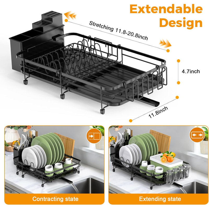 Large Dish Drying Rack - Extendable Dish Rack, Multifunctional Dish Rack For Kitchen Counter, Anti-Rust Dish Drainers With Cutlery & Cup Holders